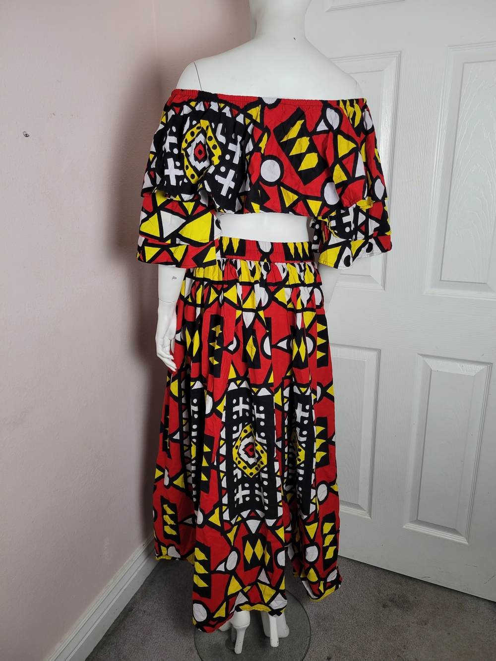 SATSUMA African Print 2 Piece Set Off-Shoulder Crop Top & Maxi Skirt Cotton -(M) - Picture 4 of 8